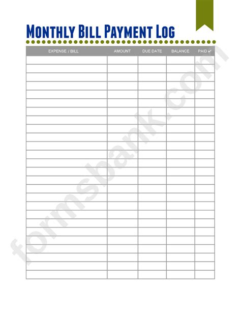 monthly bill payment log printable