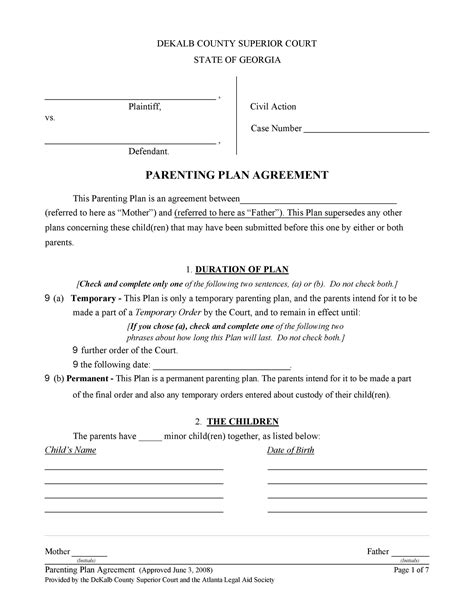parenting plan custody agreement templates templatelab