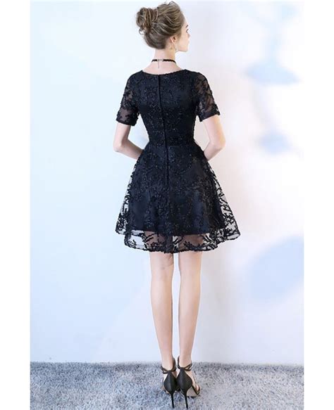 Black Aline Lace V Neck Short Party Dress With Sleeves Bls86016