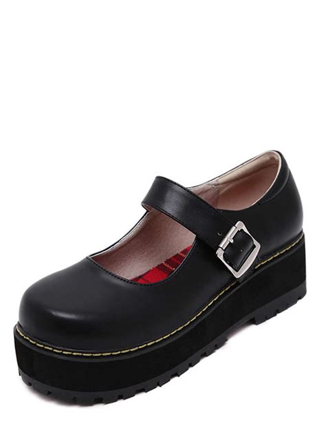 black faux leather mary jane shoes shein sheinside