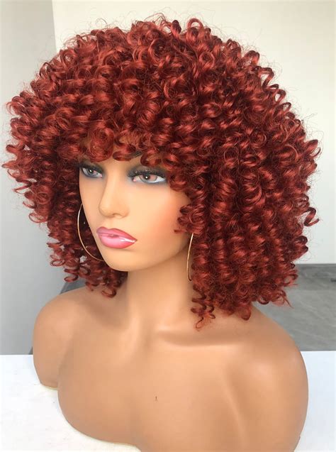 short curly wig with bnags for black women orange kinky curly etsy