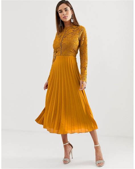 asos long sleeve lace bodice midi dress  pleated skirt  orange lyst