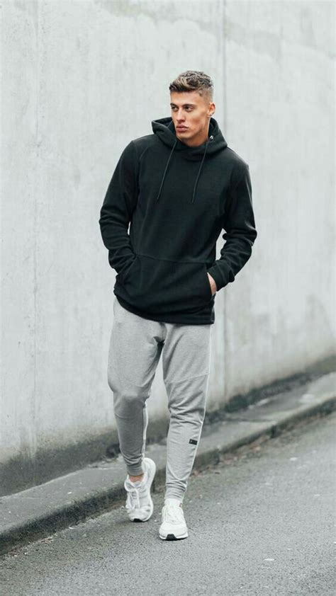 Grey Sweat Pant Winter Casual Outfit Designs With Black Hoody Mens