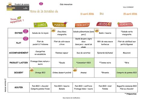 menu de la semaine