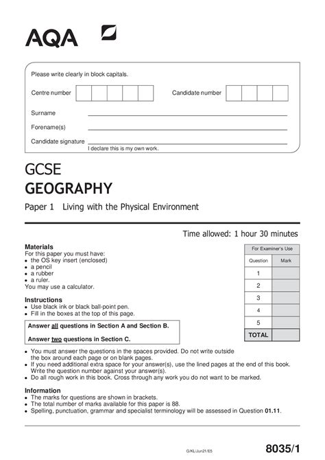 aqa gcse  geography paper  living   physical environment