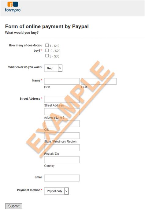 paypal payment form  formpro sample forms
