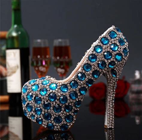 luxury designer shiny turquoise crystal high heel platform women pumps