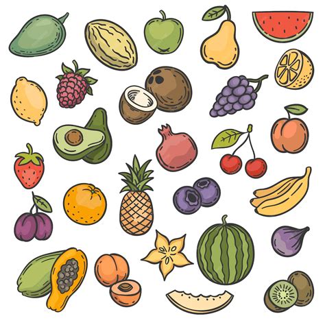 dibujar frutas dibujado  mano frutas de color manzana naranja  limon platano  kiwi cereza