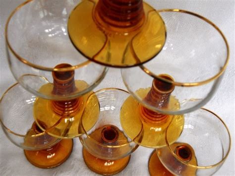 Mid Century Roemer Wine Glasses Gold Rim Amber Stem Glasses