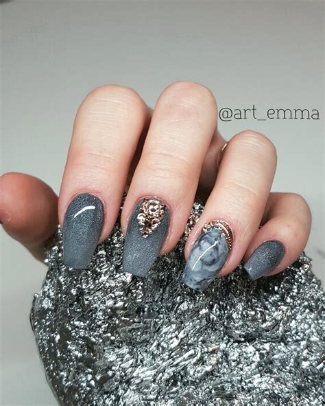 Grey Acrylic Nails With Marble And Rose Gold Swarovski Crystals