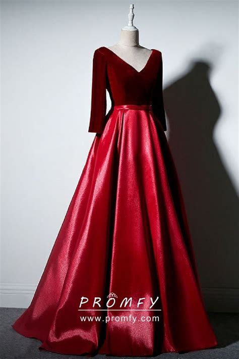 dark red velvet and red satin 3 4 sleeve formal dress prom dresses