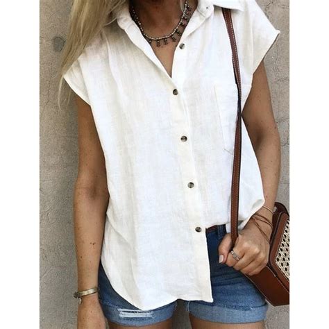 womens solid botton cotton blouses short sleeve ladies white office linen shirt women  size