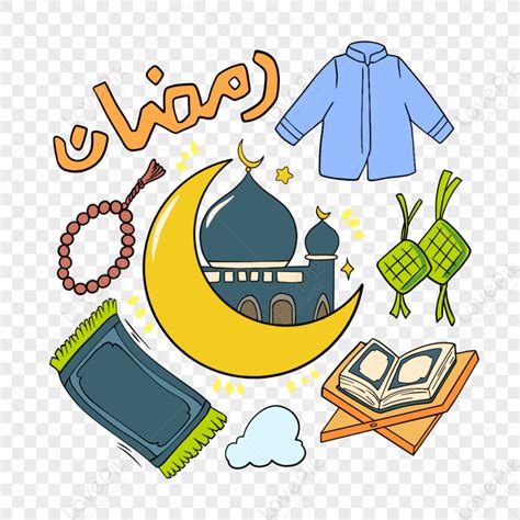 ramadan doodle combination cartoon style moon idul fitri ketupat mosque