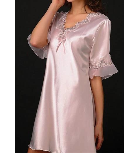 Women S Sexy Satin Chemise Nightgown Silky Lace Slip Sleepwear Pink