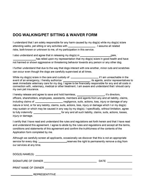 pet sitting waiver form pet sitting release form dog canada