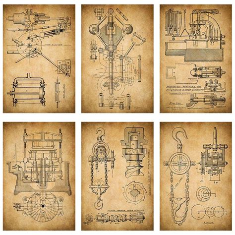 meishe art vintage mechanical blueprint poster print antique structural drawing illustration
