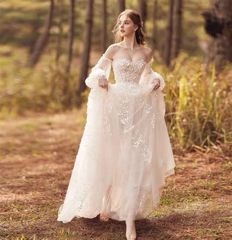 White Fairy A Line Wedding Dress With Detachable Long Sleeves Etsy In