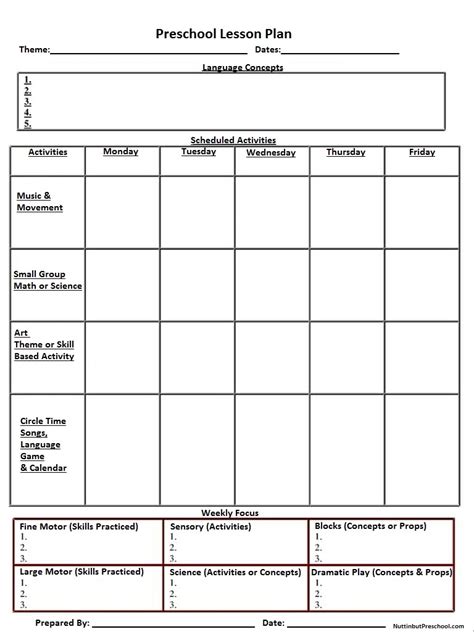 blank printable lesson plan sheet nuttin  preschool