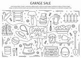 Garage Elements Vector Yard Household Doodle Horizontal Drawn Goods Banner Illustration Template Line Hand Background Used sketch template