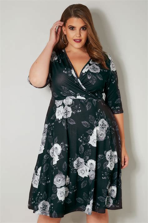 yours london black and grey floral wrap dress plus size 16