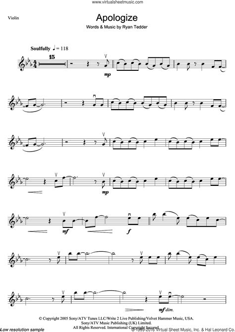 Onerepublic Apologize Sheet Music For Violin Solo [pdf]