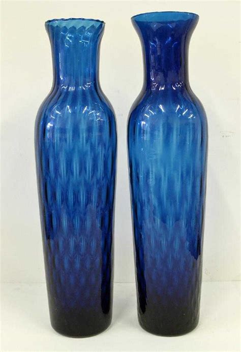 2 Vintage Tall Blue Italian Glass Vases