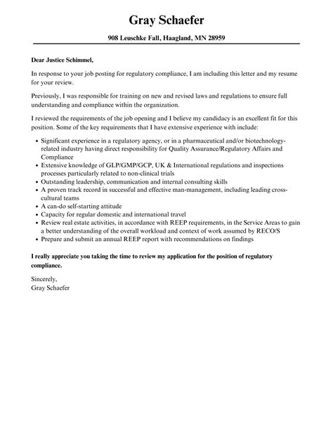 regulatory compliance cover letter velvet jobs