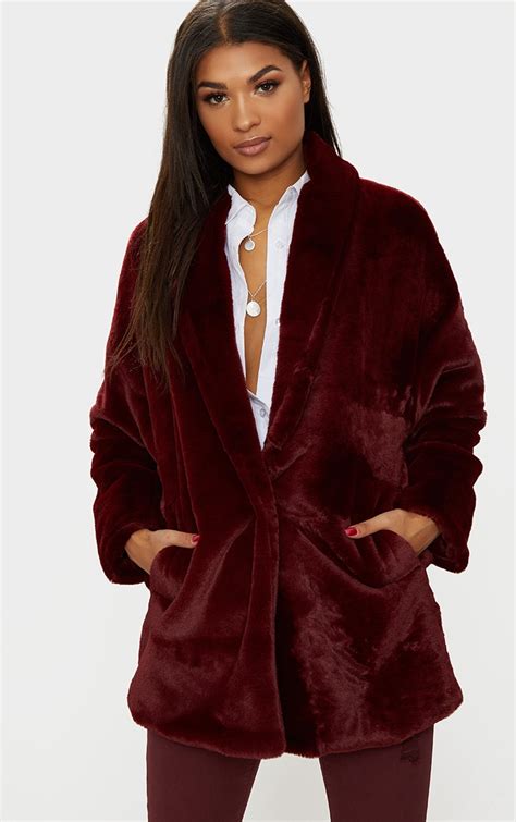 burgundy faux fur longline coat prettylittlething usa