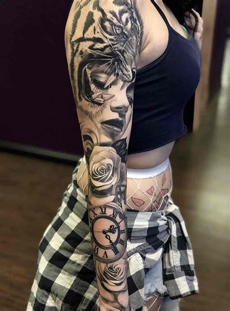 womens black and grey tattoo sleeve by andres ortega black and grey