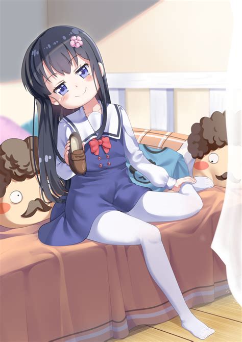 safebooru 1girl bangs bed black hair blue dress blue eyes blurry