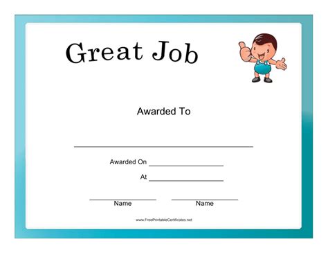 great job certificate template blue  printable