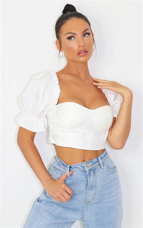 white woven short puff sleeve crop top tops prettylittlething