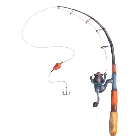 fishing rod watercolour illustration grey silver red colours tool