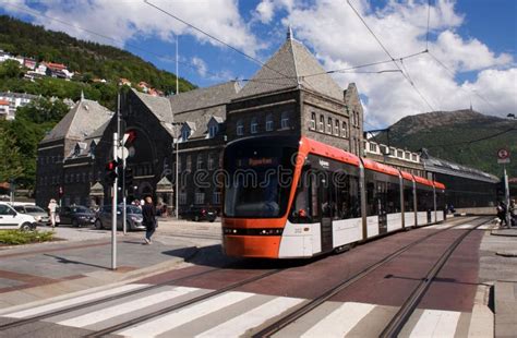 bybanen light rail  bergen norway editorial photography image  tramway pedestrian