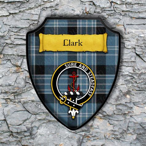 clark shield plaque  scottish clan coat  arms badge  clan plaid tartan background wall