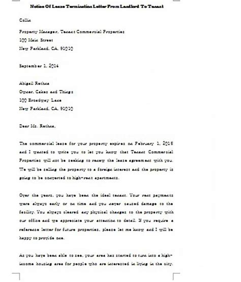 notice  lease termination letter  landlord  tenant