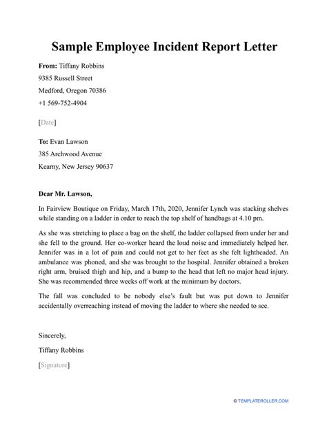 sample employee incident report letter  printable