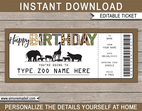 zoo ticket printable birthday gift voucher surprise trip  etsy