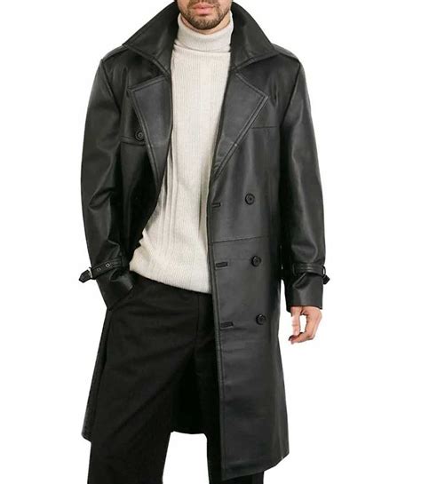 black double breasted mens leather trench coat