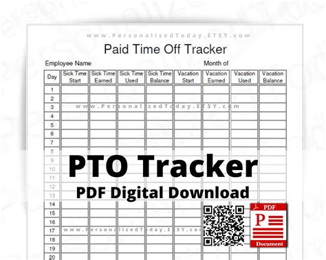 employee paid time  tracker fillable  printable  etsy