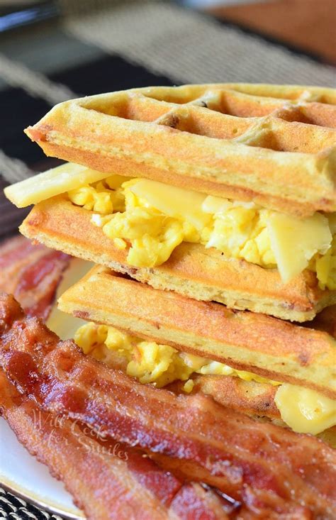 waffle breakfast sandwich  savory bacon waffles  cook  smiles