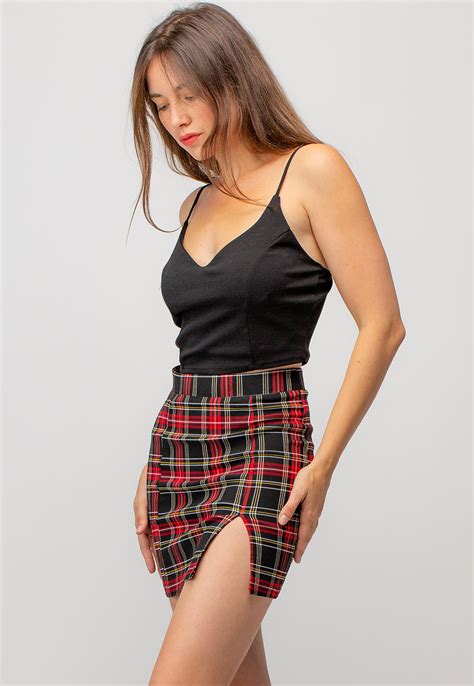 multi colored plaid mini skirt with side slit shop at papaya clothing