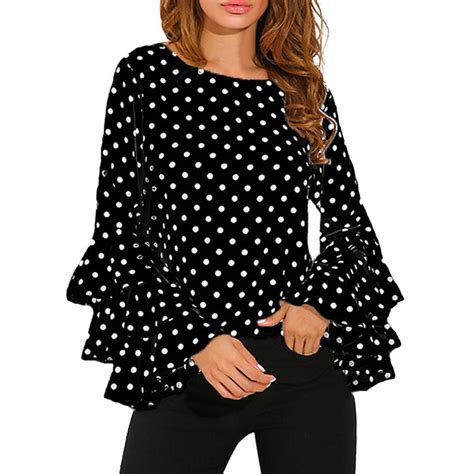 plus size women polka dot ruffle blouse flouncing long flare sleeves o