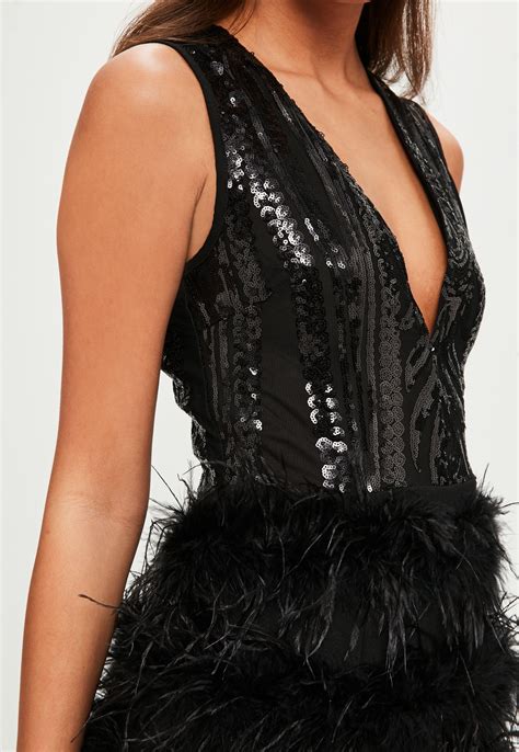 Missguided Synthetic Black Sequin Feather Plunge Dress Lyst