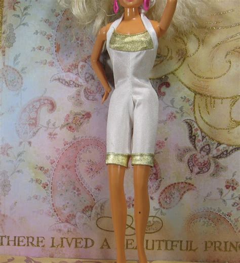 barbie doll size white knee length jumpsuit body suit gold metallic cuff bdcoj1