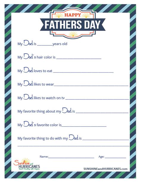 fathers day questionnaire  printable  printable templates