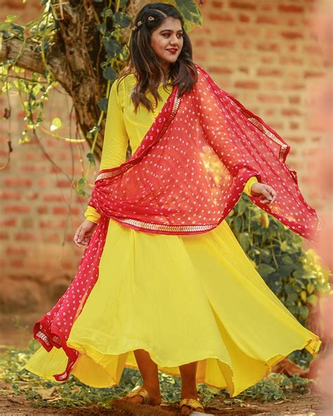 Bright Yellow Flared Dress With Red Bandhani Dupatta Set