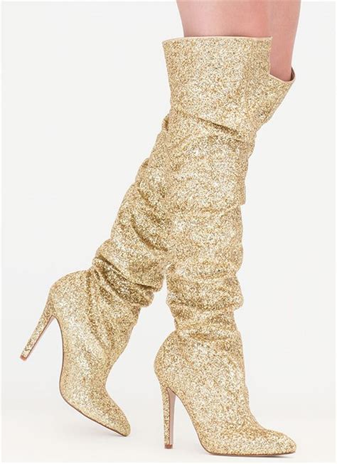 luxury gold glitter shiny thigh high boots design bling over the knee