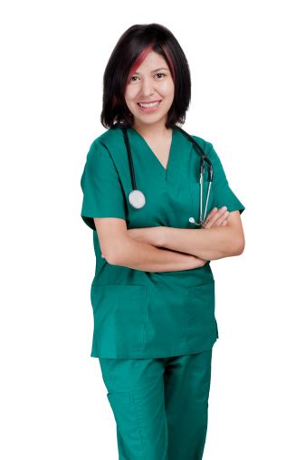 Beautiful Young Brown Eyed Nurse With Stethoscope In Green Scrubs Stock