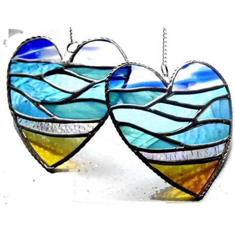 Sea Heart Stained Glass Suncatcher Blue Or Sunset Sky